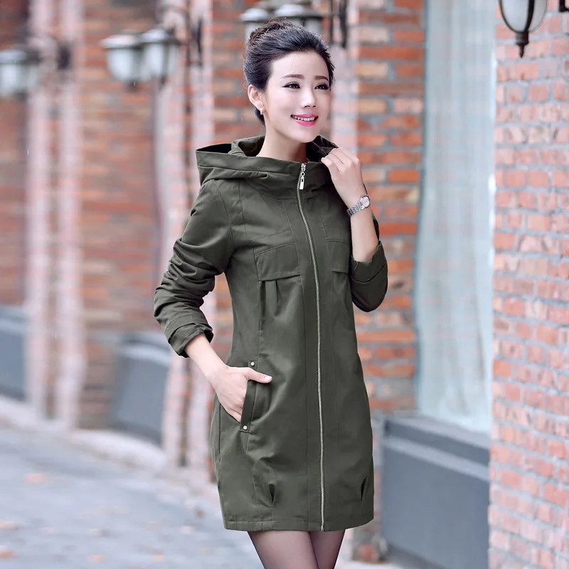 Женский свободный тренчкот средней длины зеленая ветровка в Корейском стиле на