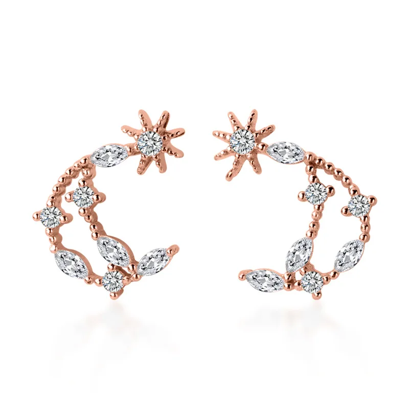 Серьги-гвоздики из серебра 100% пробы с Луной и звездами | Украшения аксессуары