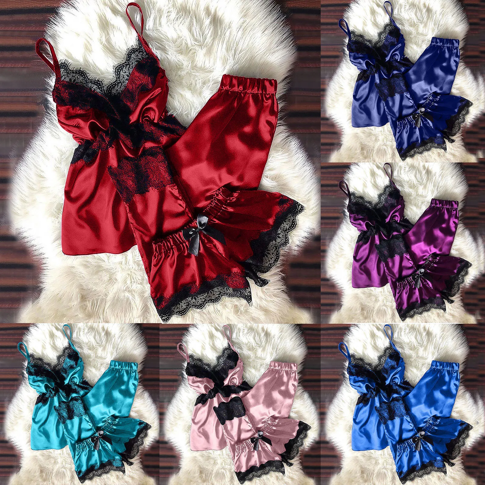 

2020 Women Bownot Sleepwear Sleeveless Strap Nightwear Lace Trim Satin Cami Top Pajama Sets femme sexy lingerie pyjamas women CD