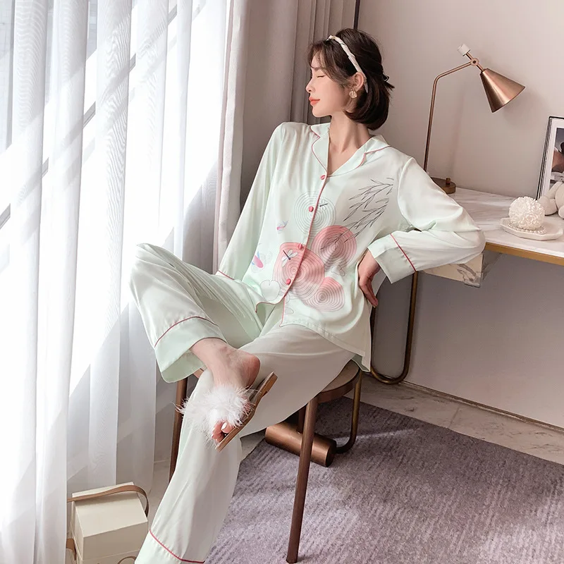 

Пижама женская из искусственного шелка, с длинным рукавом и штанами, свободная, 2 шт.