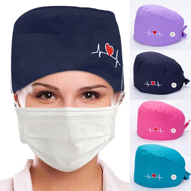 

Unisex Dust-proof Hat for Love Heart Floral Printed Doctor Nurse Beauty Cap Breathable Solid Color Work Adjustable Scrub Caps