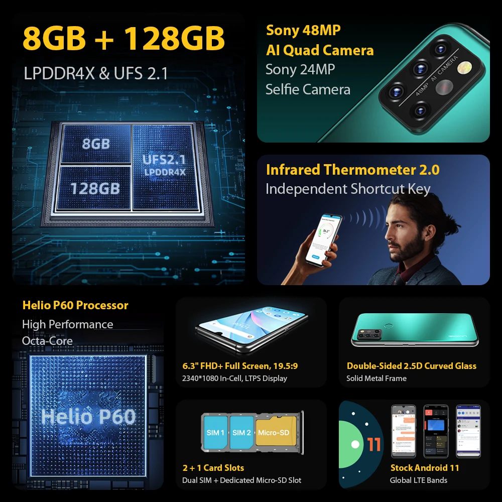 2021 umidigi a9 pro android 11 ram 8gb 128gb samrtphone 48mp ai matrix quad camera helio p60 octa core 6 3fhd display 4150mah free global shipping