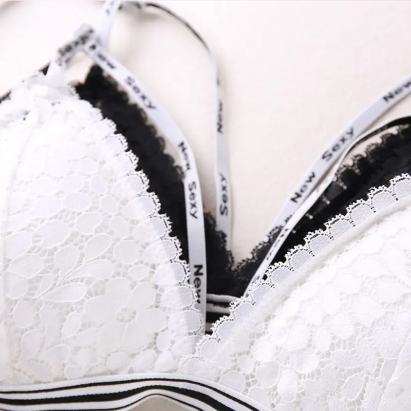 Women Teenage Girl Floral Lace Bra Spaghetti Letters Straps Cross Bandage Crop Top Wireless Removable Padded Striped Band