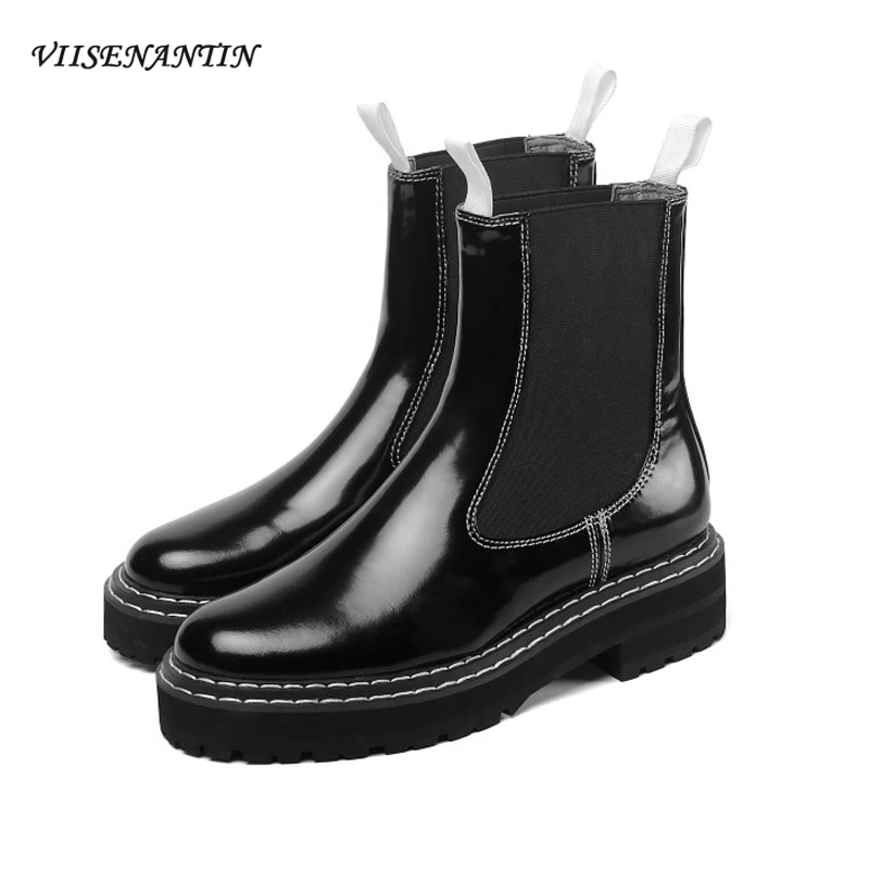 

Ботинки женские кожаные на толстой подошве, модные рыцарские ботинки на платформе, универсальные короткие ботильоны челси с эластичным шво...