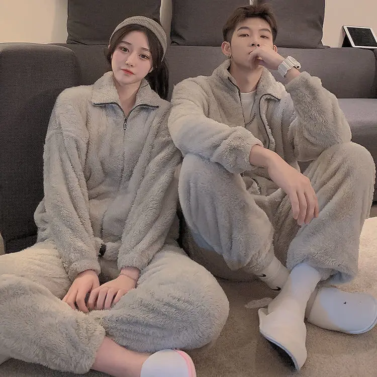 Version of The Couple Pajamas Female Autumn and Winter Loose Coral Velvet Warm Thickened Facecloth Men's Home Furnishing Suit