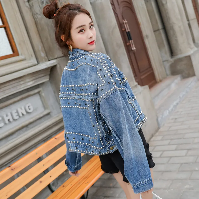 Short Loose Nail Pearl Cowboy 2019 Rivet Coat Jacket Woman | Женская одежда