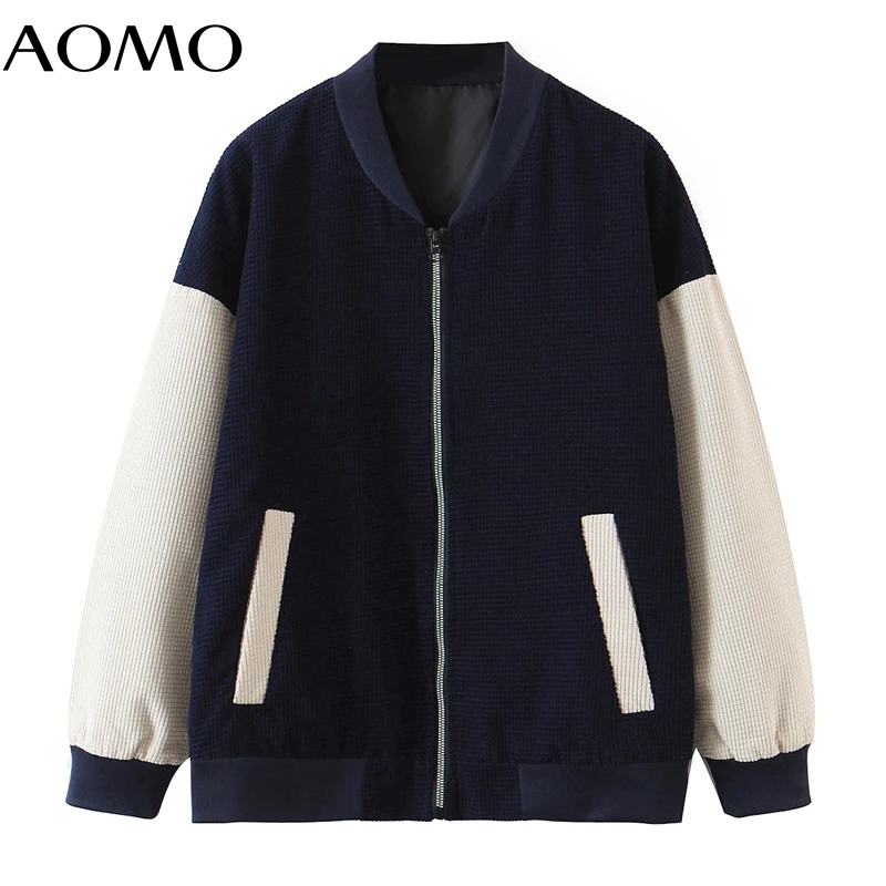 

AOMO Women's Autumn Jacket Patchwork Long Sleeves Zipper Pocket 2021 Ladies Elegant Coat 3Z20A