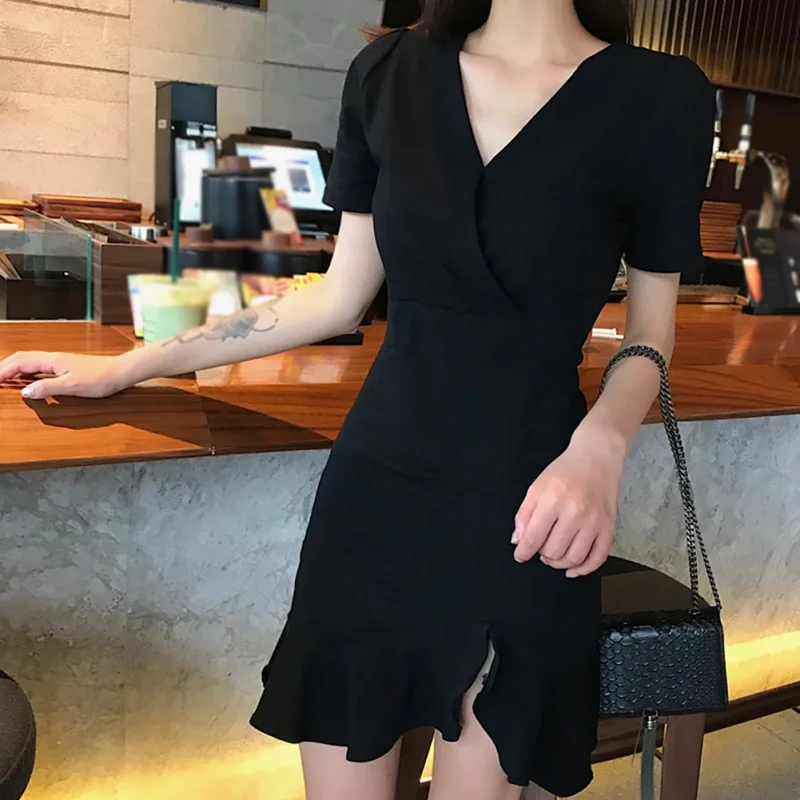 

Jlong Sexy Black Dress Women Summer Irregular Ruffles Dresses Sexy V Neck Mini Dress