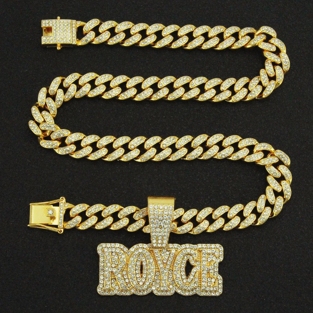 

Men Hiphop Royce Letters Pendant Necklace Miami Cuban Chain with 13mm Iced Out Bling Hip Hop Necklaces Fashion Jewelry Gift