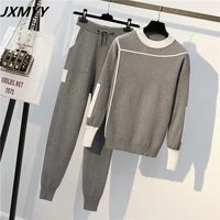 jxmyy 2021 autumn runway 2 pieces set knitted long sleeve pullovers sweater casual patchwork knit jumper tops and pants suits