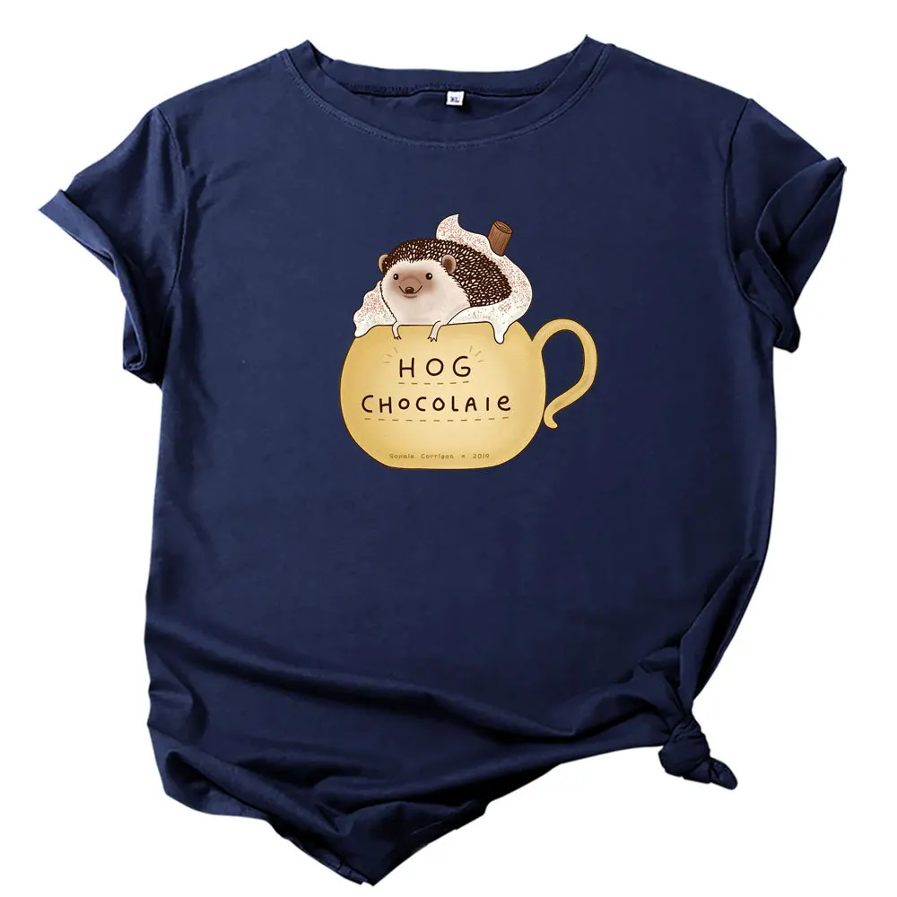 

Summer Cotton T Shirt Women Cute Hedgehog and Teacup Graphic Tees Short Sleeve Harajuku 5XL Plus Size T-Shirts Streetwear