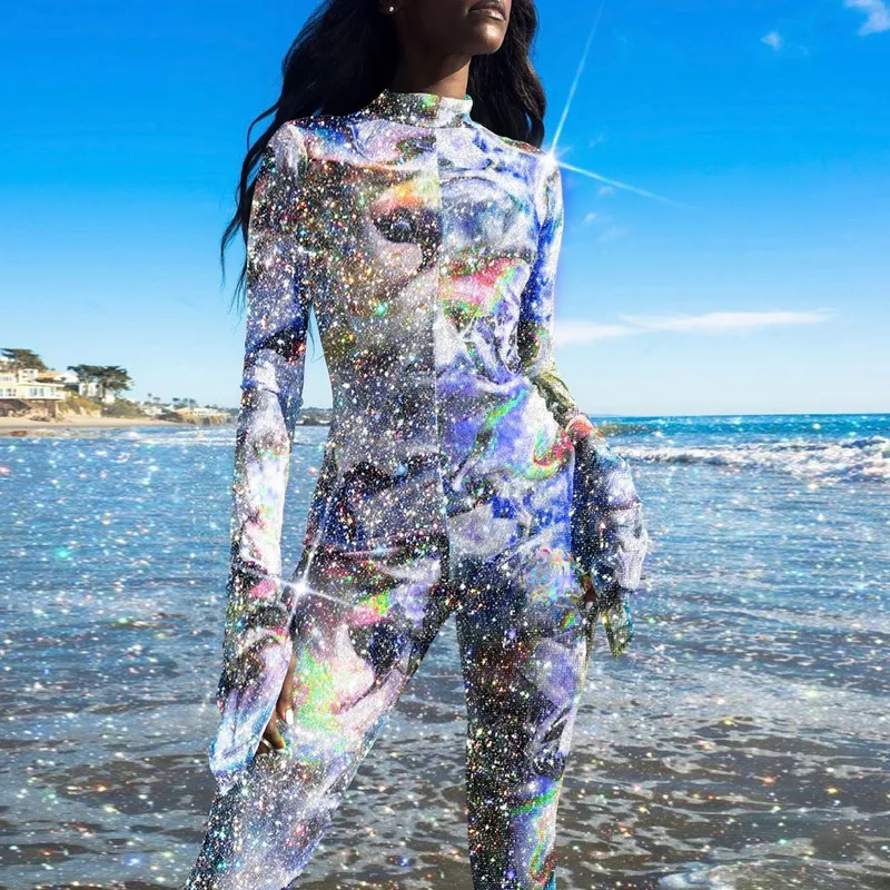 

Colorful Print Slim Fitting Long Jumpsuit Wholesale Casual Beach Women O Neck Full Sleeve Romper Spring Femme Catsuit