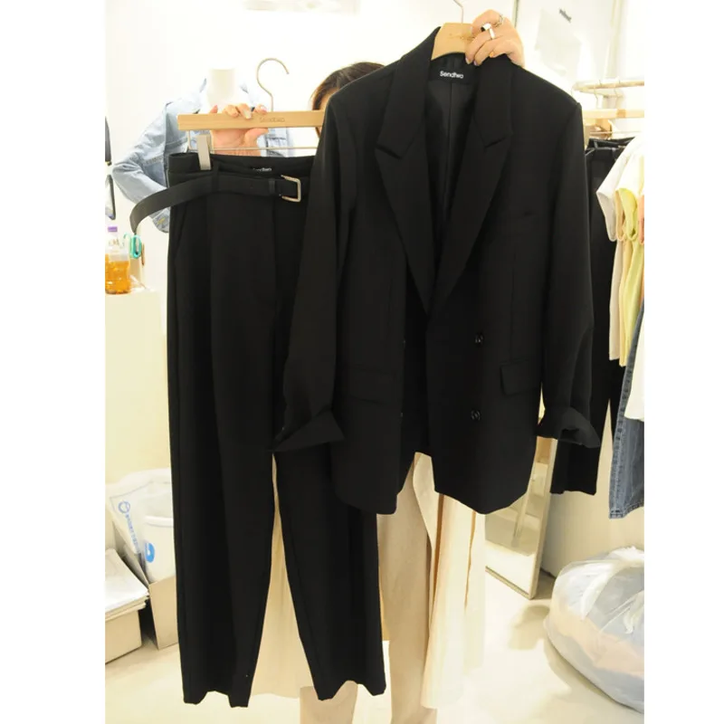 

Spring Women Blazers Coat For Women 2021 Loose Vintage Double Breasted Long Sleeve Suit Outwear High Waist Trousers Harem Pants