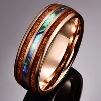 fashion 8mm rose gold color stainless steel rings hawaiian koa wood and abalone shell opal inlay ring wedding band mens jewelry