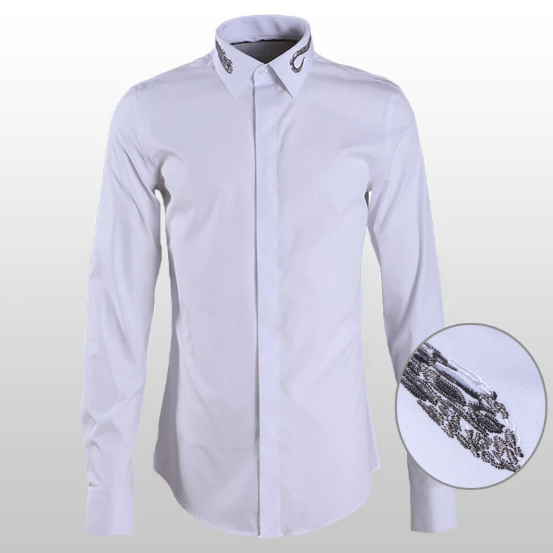 

Рубашки мужские с вышивкой, роскошный воротник, длинный рукав, однотонные приталенные, блузки из хлопка, цвет Φ 4xl