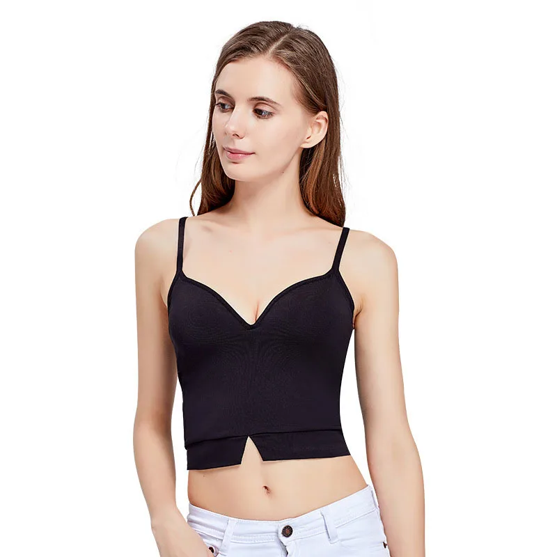 

White bra Tank Tops Women V neck Sexy Backless Solid Elastic Wireless Built-in Bra Casual Camisole Padded Summer croptop Bra Tan