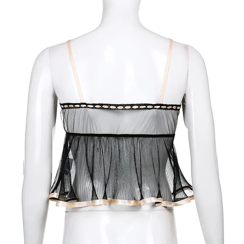 

InsDoit Sexy Mesh Black Gothic Camis Women Ruffles Harajuku Sleeveless Camisole Streetwear Bandage Summer Fashion Elegant Top