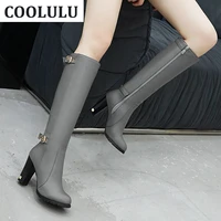 coolulu women block high heel knee high riding boots zipper knee length boots women shoes all match black long boots winter