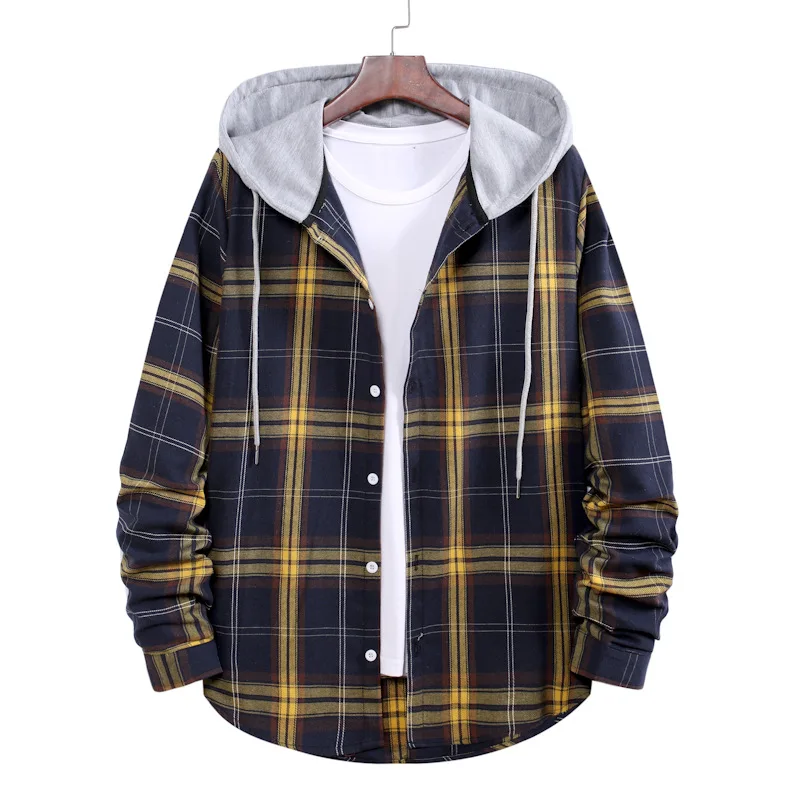 

LUCLESAM Men Korean Fashion Scottish Plaid Hoodie Mens Streetwear Lattice Hooded Shirt polerones de hombre
