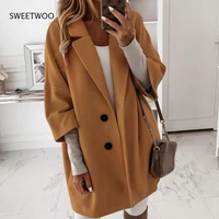 women coat 34 sleeve two buttons autumn winter lapel jackets side pockets warm woolen casual long coat outerwear