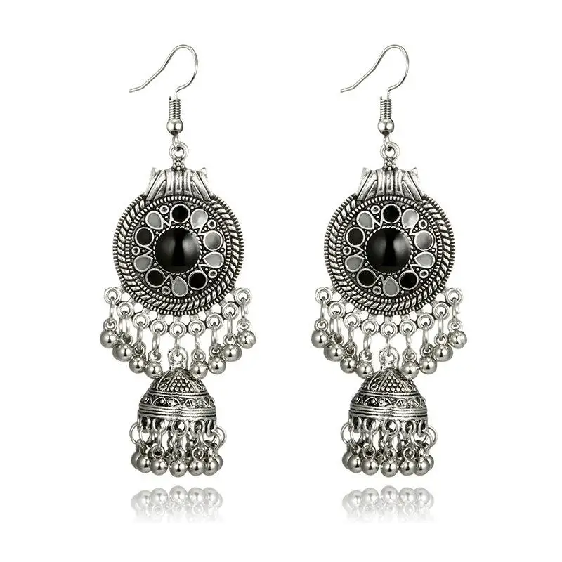 MISANANRYNE, индийские ювелирные изделия Jhumka, серебряные маленькие колокольчики, висячие серьги с кисточками для женщин, девушек, Boho, этнические круглые висячие серьги - Окраска металла: S07425