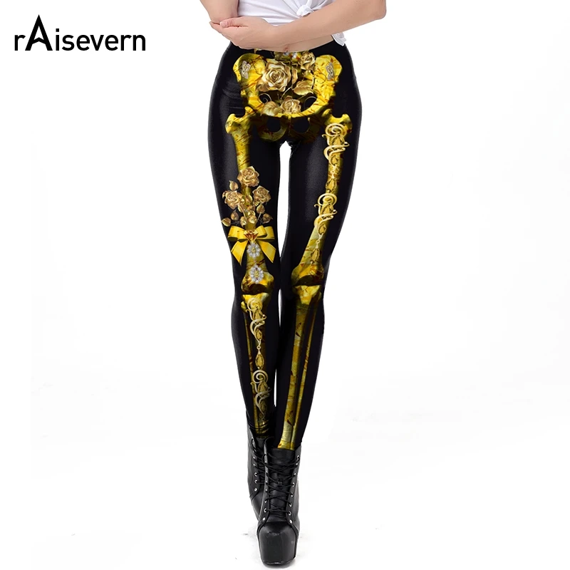 

Raisevern 3D Printing Leggings for Women Halloween Golden Print Skeleton High Quality Working Out High Waist Pants Drop Shipping