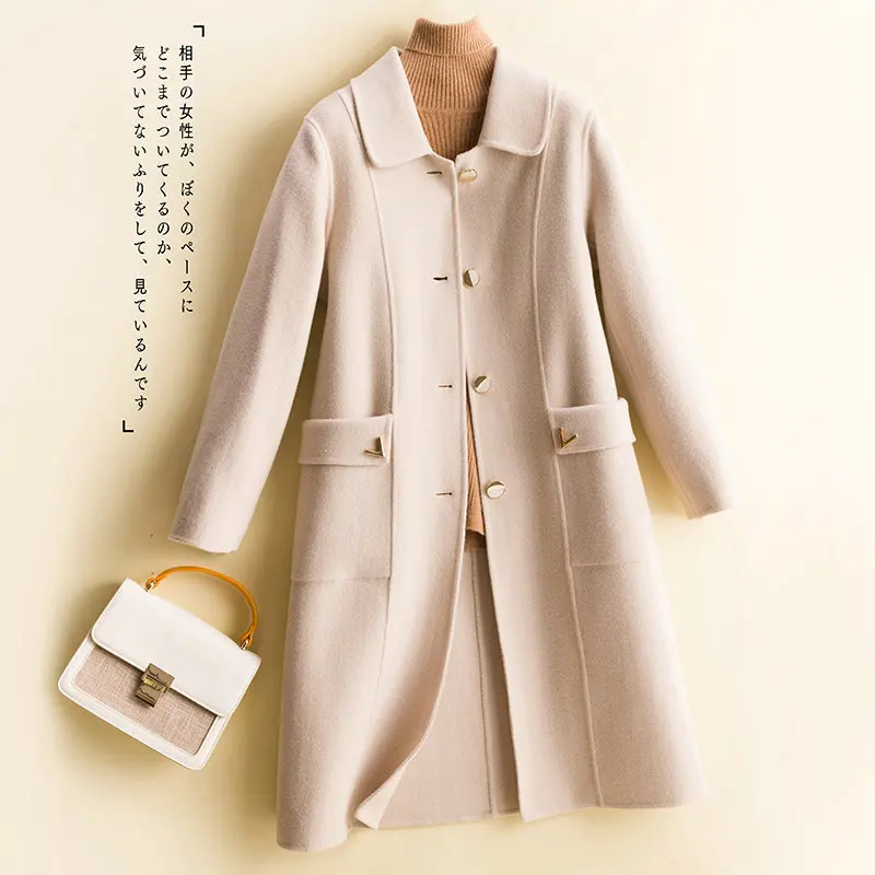 

Medium and long loose wool thin coat wool coat doll collar metal buckle double-sided cashmere coat women
