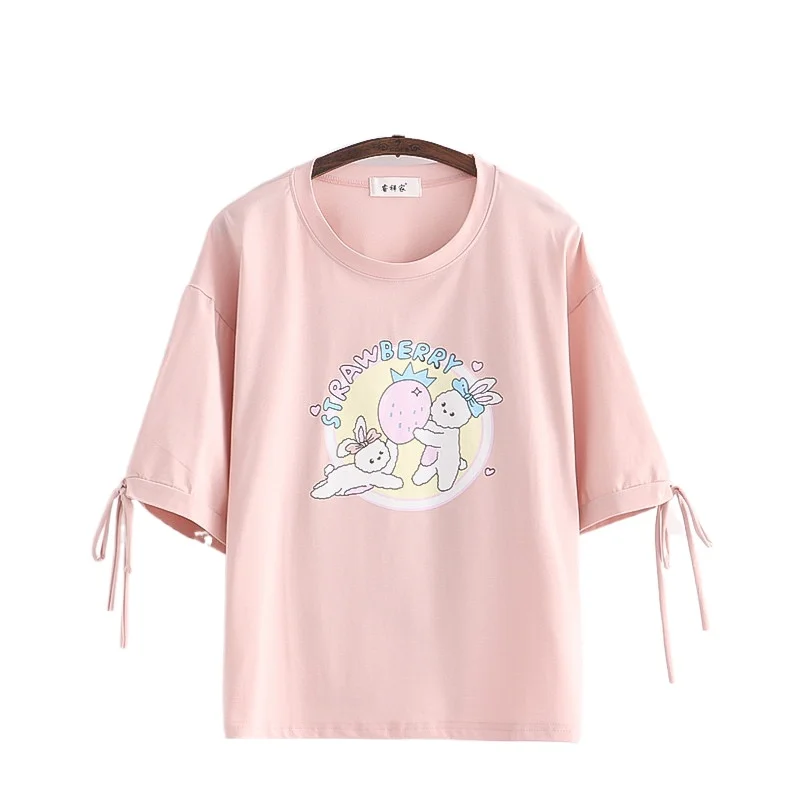 

Pink Harajuku Strawberry Rabbit T Shirts Women 2021 Summer Short Sleeve O-neck Sweet T-shirt Kawaii Cute Lace Up Cotton Tops