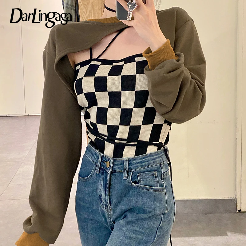 

Darlingaga Harajuku Asymmetrical Korean Crop Top O Neck Pullovers Female Patchwork Spring Smock Sweatshirts Long Sleeve Jumpers