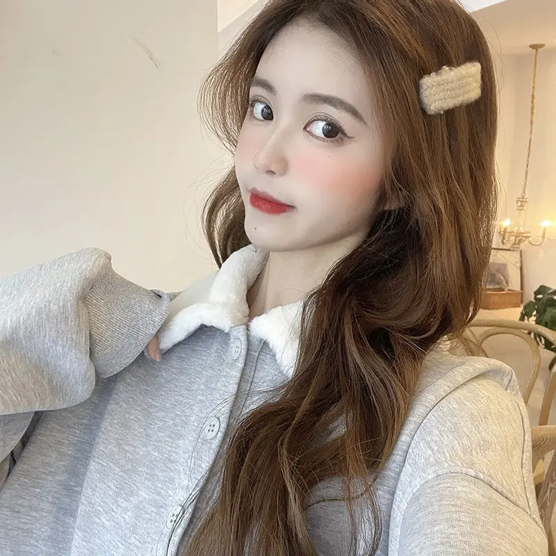 

Hoodies Women Turn Down Collar Button Preppy Style Students Loose Drop-shoulder Plus Velvet Thicken BF Chic Vintage Sweatshirts