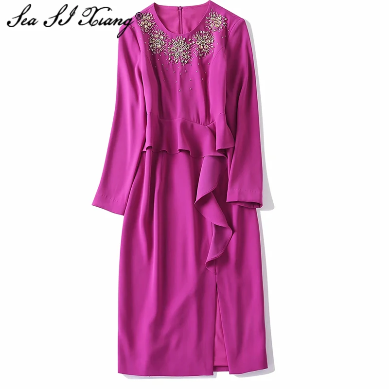 

Seasixiang Fashion Designer Autumn Dress Women O-Neck Long Sleeve Crystal Diamond Ruffle Slim Solid Split Dresses