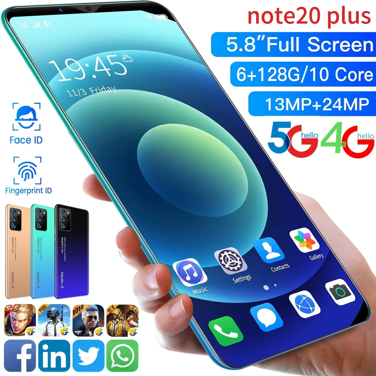 

Note20 Plus 6+128gb 10core 13+24mp Face Fingerprint Unlock Smartphones 4800mah Dual Sim Andriod Cell Phone Mtk6799