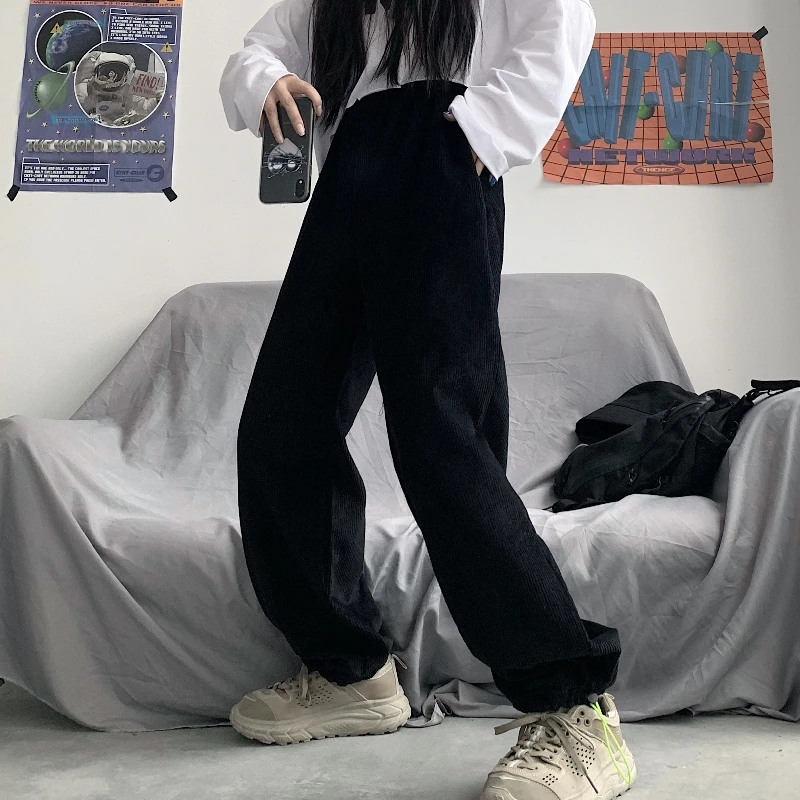 

Harajpoo Women Pants Spring Autumn Korean Version Ins Retro Straight Loose Simple Solid Color Wide-leg Casual Couple Trousers