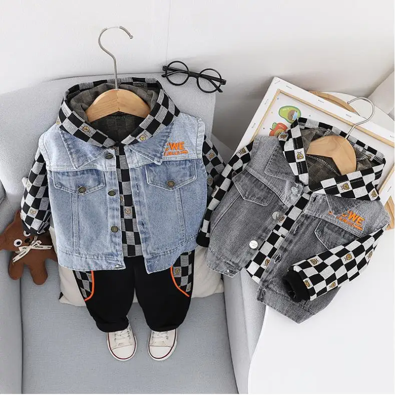 

Designer Baby Boys clothes Handsome cowboy vest+Checkerboard hoodie+pants 3pcs Toddler Infant outfits Children clothing suit