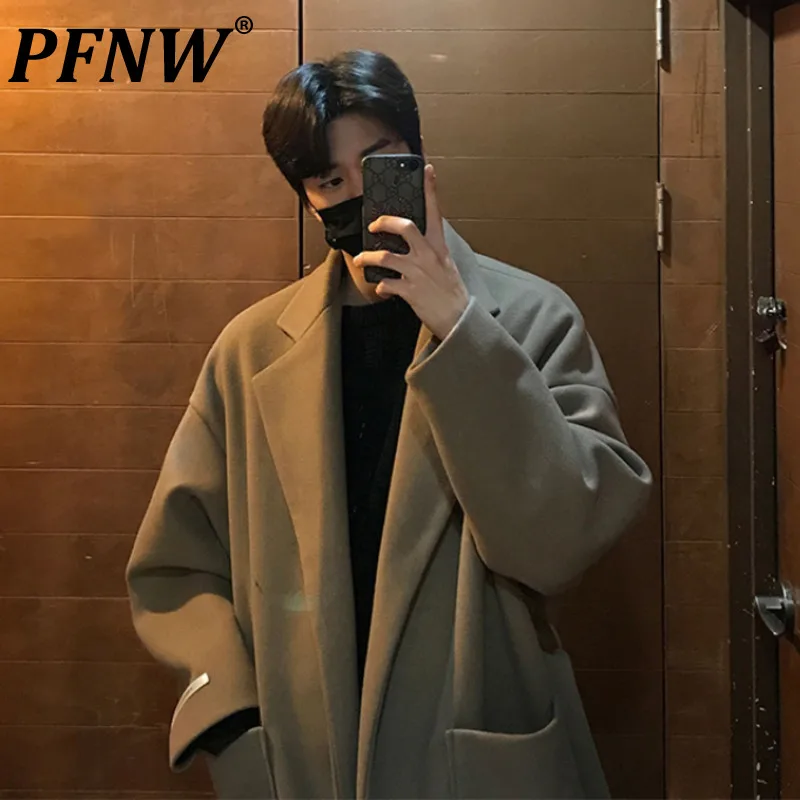 

Мужское шерстяное пальто с поясом PFNW, корейское пальто средней длины, выше колена, ветровка бойфренда, элегантная одежда, новинка зимы 2021, ...