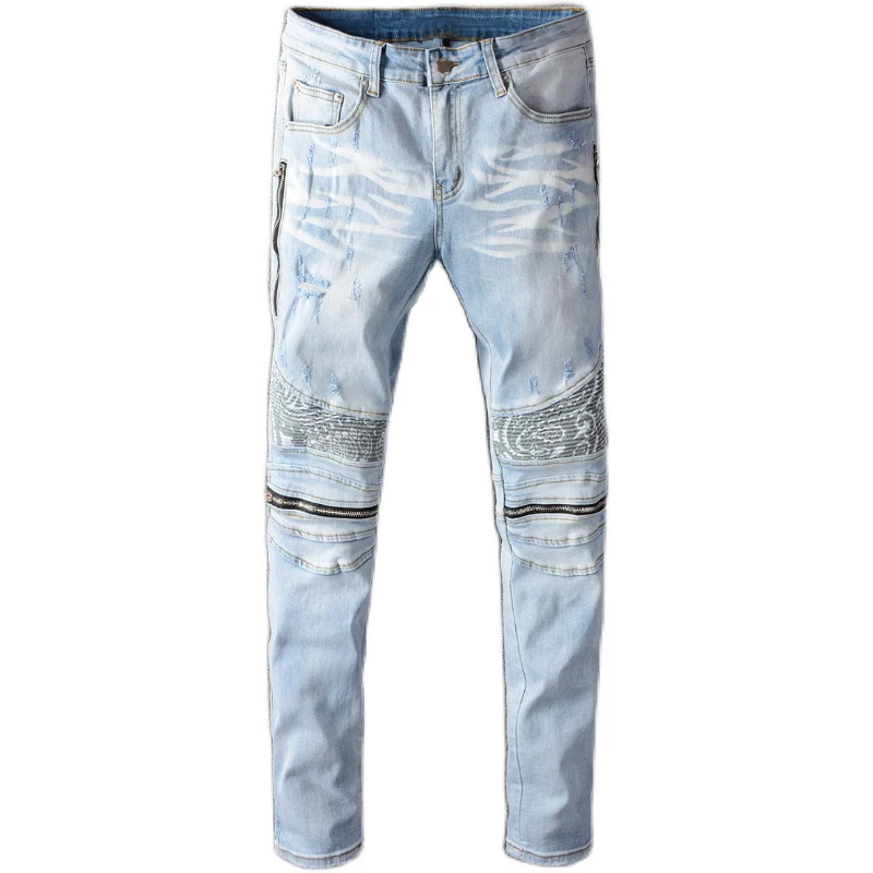 

New men's male trousers street fashion brand autumn light-colored punk chain jeans youth trend self-cultivation denim pants 641