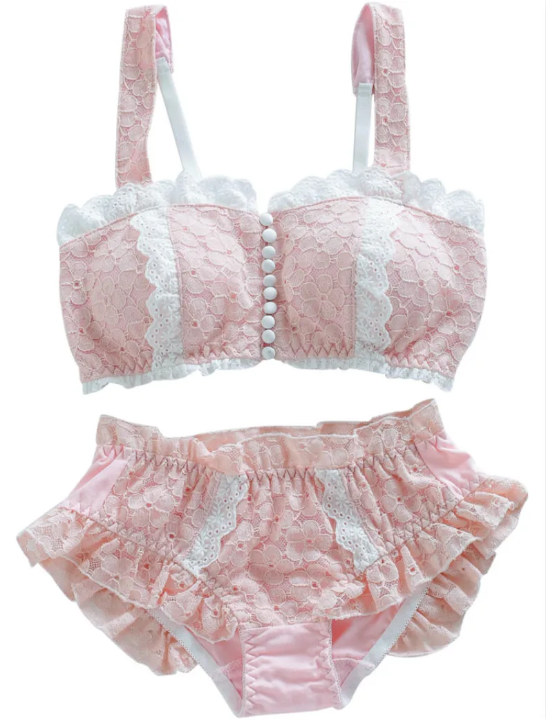 Japanese Girl Lolita Button Front Button Cotton Lace Tube Top Bra Set White Kawaii Retro Sweet Style No Steel Ring Underwear