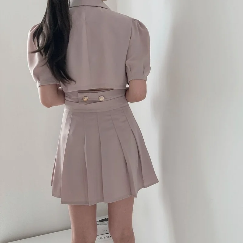 

Kimotimo Women Two-piece Sets Korean Summer Puff Sleeve Solid Notched Short Sleeve Shirt + High Waist Slim Pleated Mini Skirt