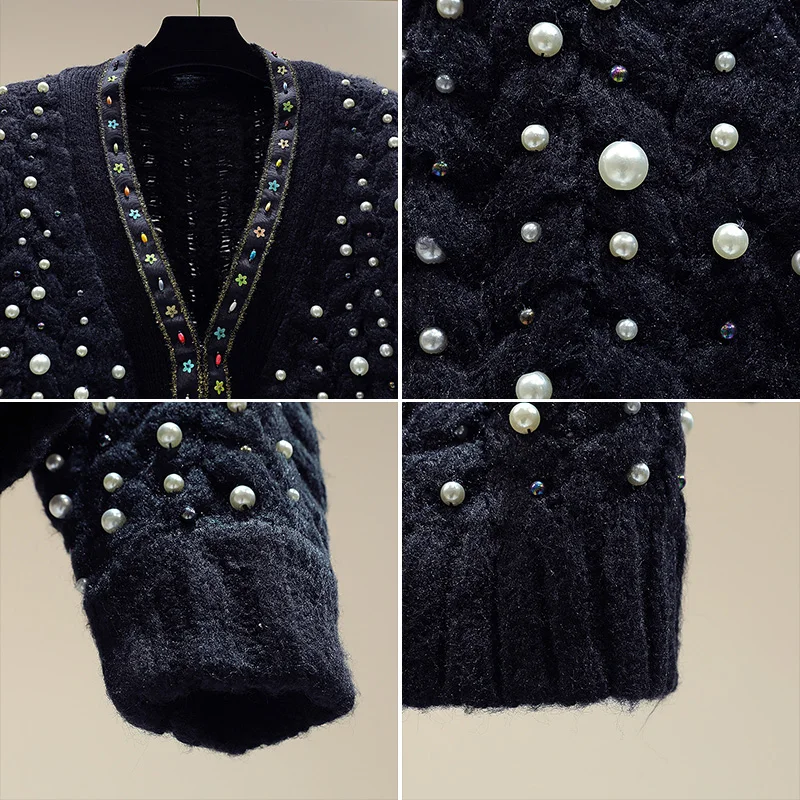 Женский вязаный свитер черный свободный джемпер с вышивкой бисером Осень-зима |