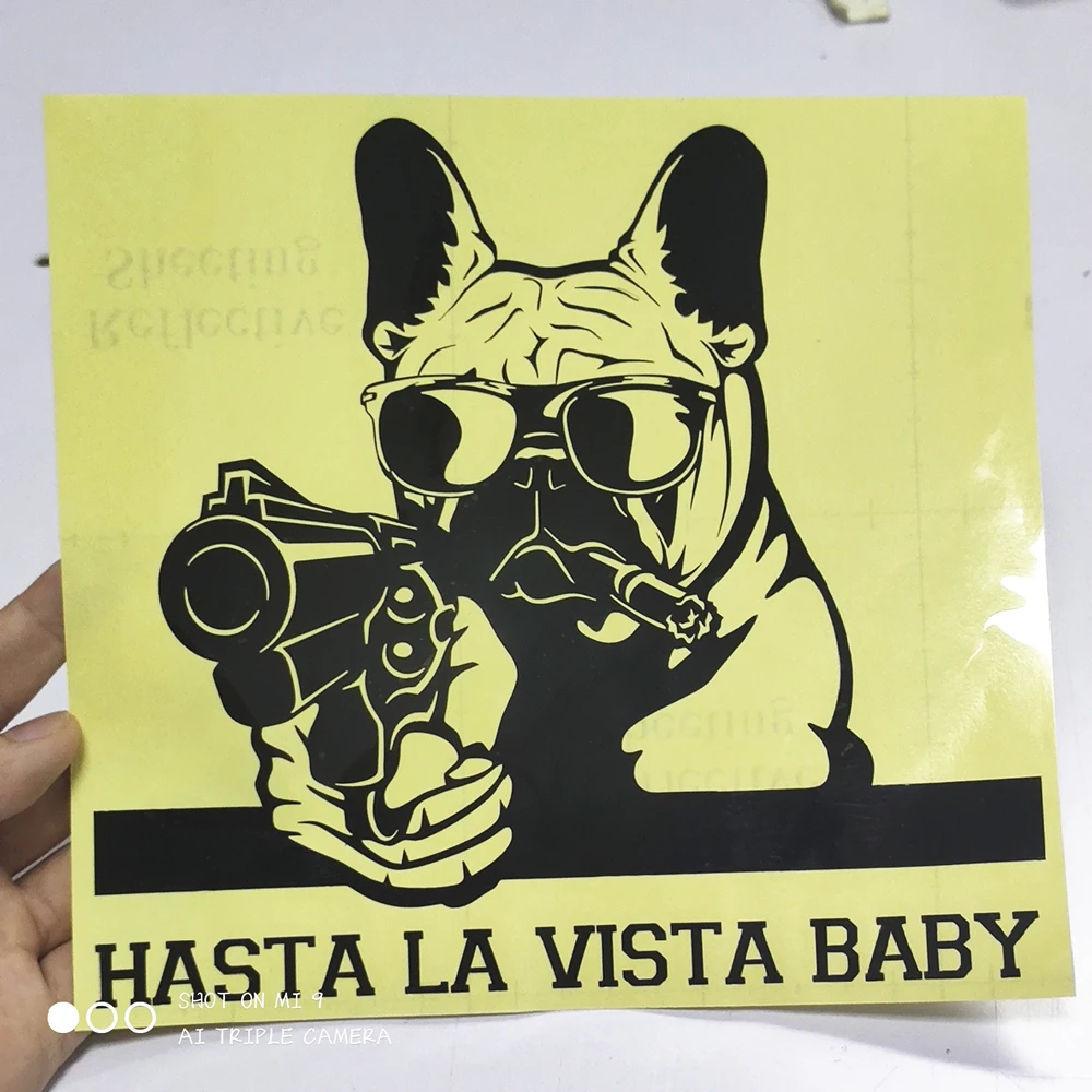 

FD528A Die Cut Funny Warning French Pug Dog With Gun Animal Funny Cartoon Car Sticker Vinyl Decal Decor