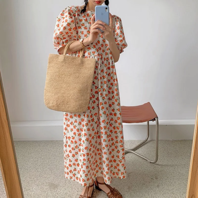 

2021 Summer New Floral Dress One-Piece Women Korean Elegant Chic Print Short Sleeve Dress Vintage Temperament Loose Female Dress
