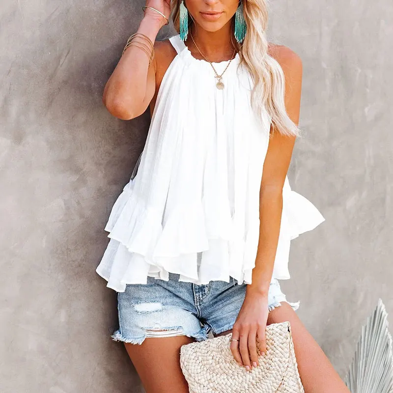 

Summer Women Sexy Ladies Tanks Solid Tee Shirts Casual Loose Blosue Halter Ruched Ruffles Sleeveless Casual Top For Daily