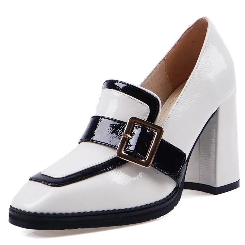 FEDONAS/Новое поступление; женские туфли-лодочки из лакированной коровьей кожи с пряжкой; весенние брендовые лоферы; базовые вечерние туфли для офиса; модные женские туфли на высоком каблуке - Цвет: Белый