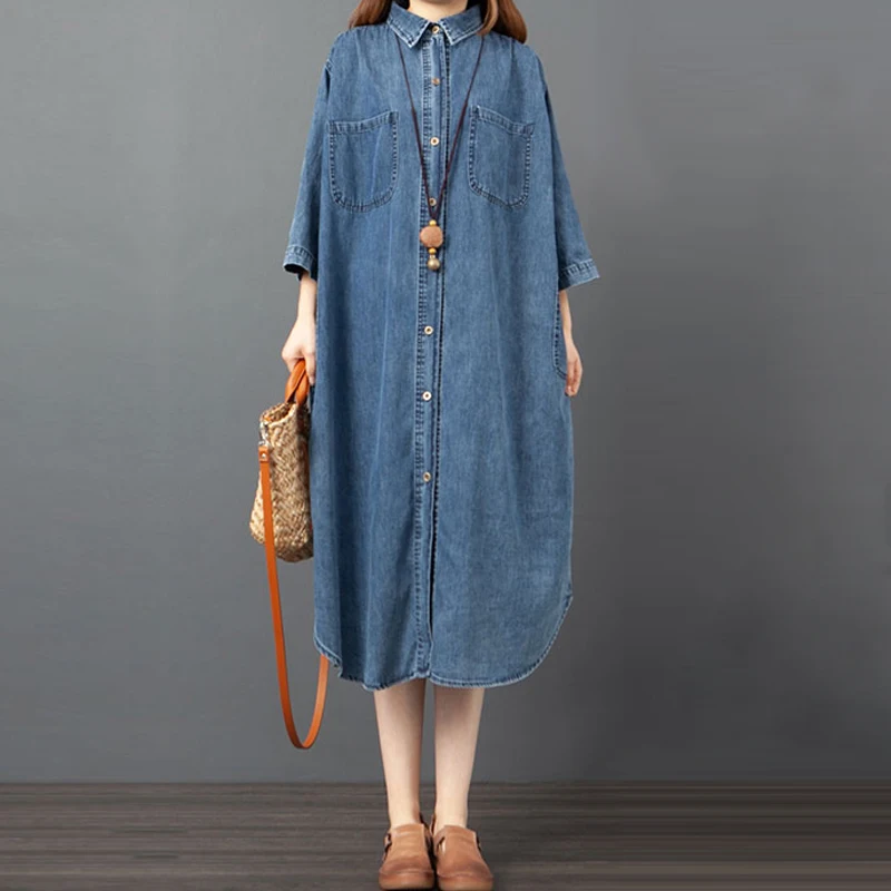 

Spring Summer New Oversized Women Vintage Dresses Korean Style Loose Single Breasted Denim Dress Casual Female Button Clothes