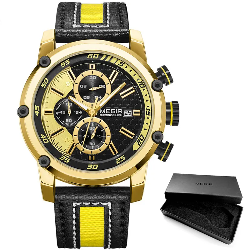 M2079-Yellow-Gold Мужские спортивные часы MEGIR с кожаным ремешком и хронографом, модные водонепроницаемые аналоговые кварцевые наручные часы для мужчин 2079GDBK - Цвет: M2079-Yellow-Gold