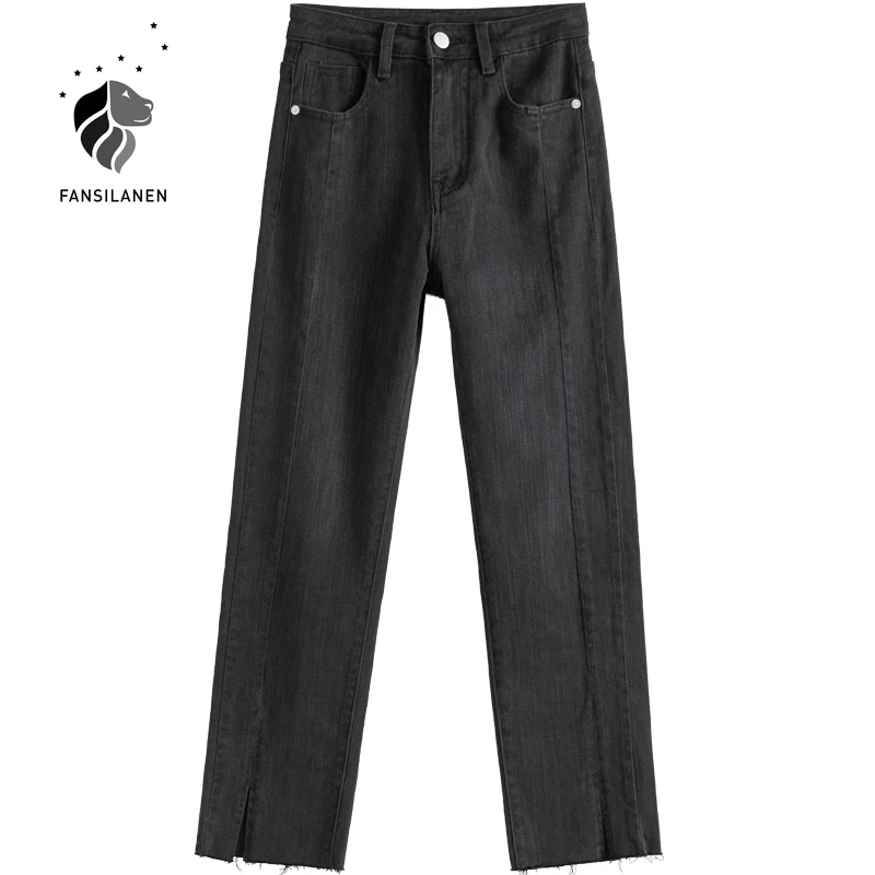 

FANSILANEN Black fringe tassel split skinny jeans Women autumn winter vintage high waist jeans Female slim casaul denim pants
