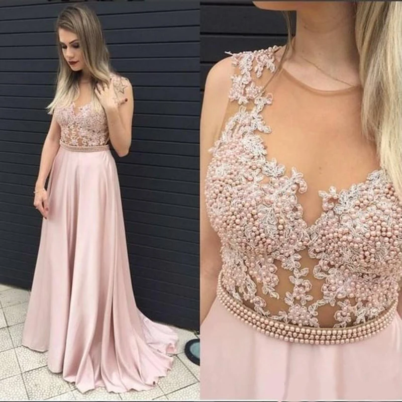 

Graceful Pink Long Evening Dresses Prom Dresses Zipper Back Sheer Neck Beaded Formal Evening Gowns Special Occasion Dresses