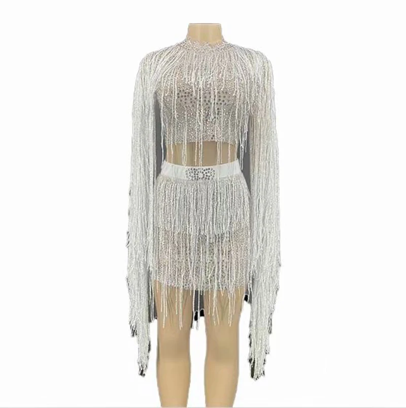 

2021 Silver Rhinestones Fringes Dress Lady Prom Evening Outfit Bar Singer See Through Mesh Dress Shining Birthday Tassels Dress