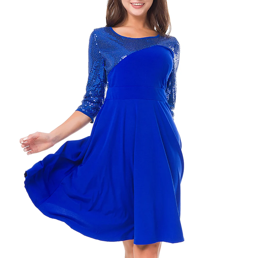 Женское платье трапециевидной формы с блестками элегантное круглым вырезом и