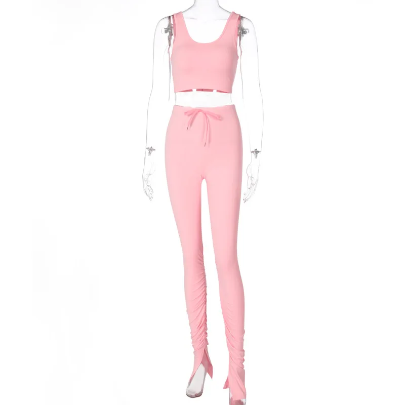 

2021 Summer Women Yoga Sportswear Sleeveless Top Vest and Pants Two Pieces Set Casual Stacked Pants Tracksuits Solid Sport Suit